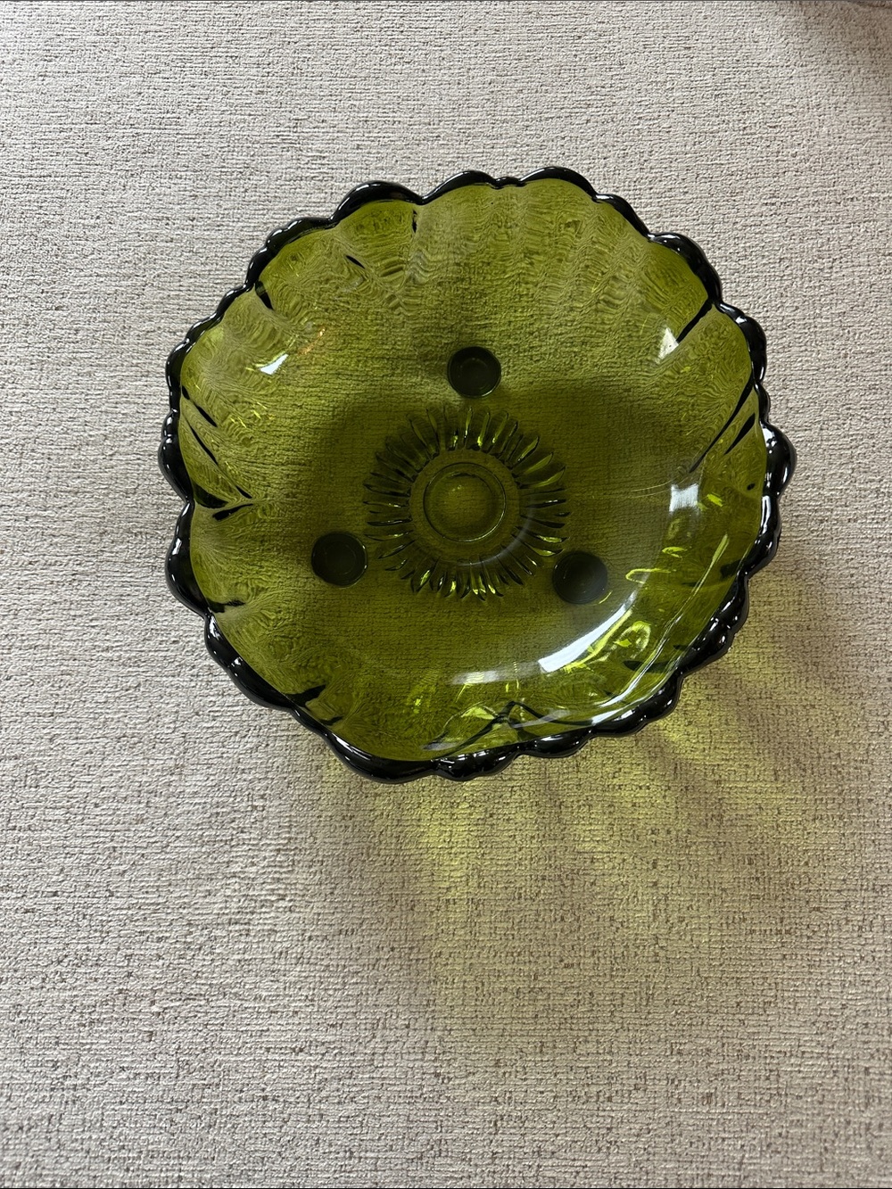 Vintage Indiana Glass Avocado Green Sunflower 11” 3-Footed Decorative Bowl MCM
